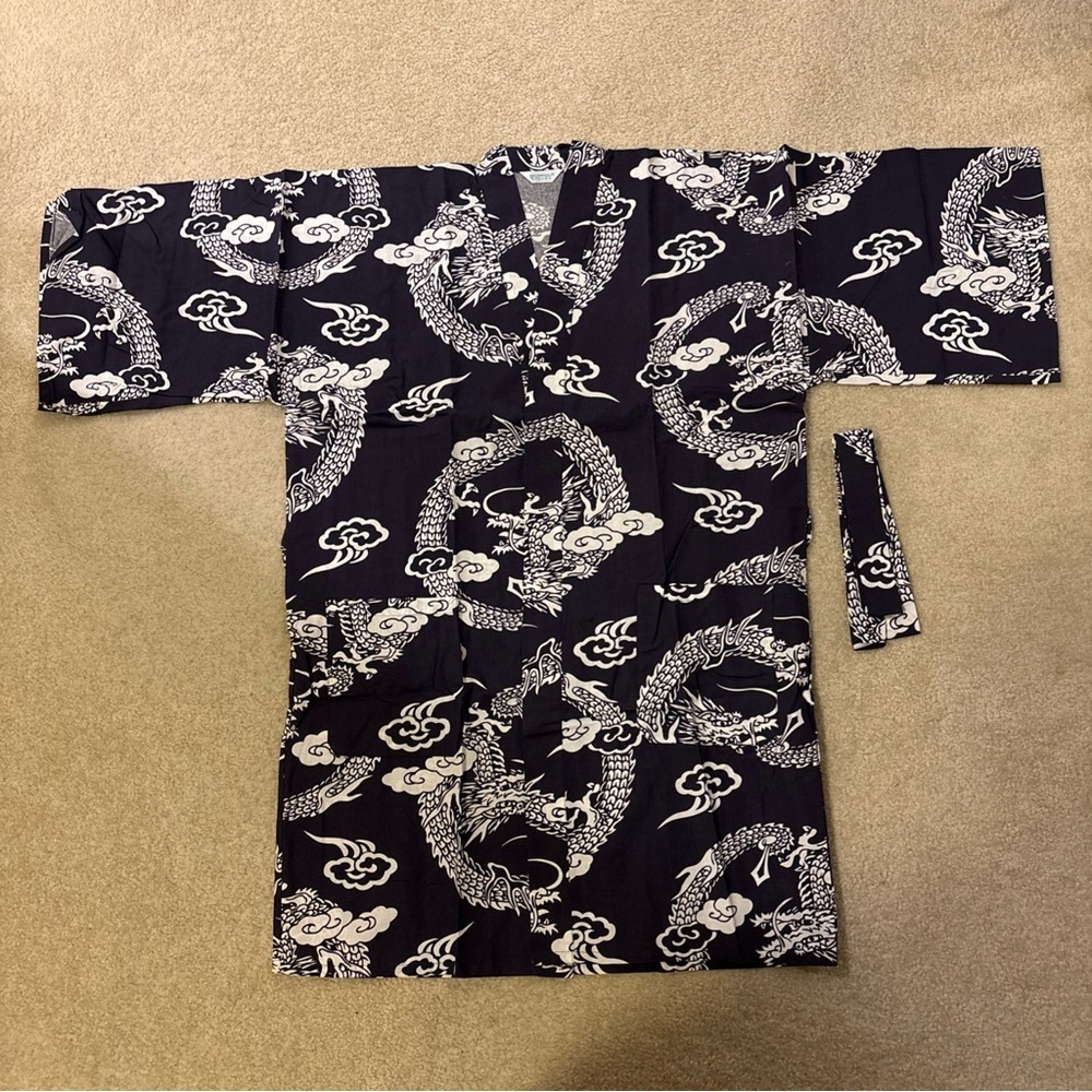 Whitby Black Blue Happi Kimono Robe Dragon Print Cotton Mens One Size Kotobuki